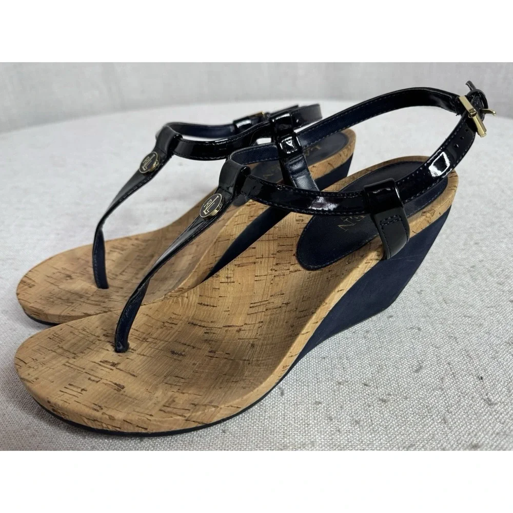 Ralph Lauren Navy Blue Women's 8.5 T-Shaped Thong Wedge Sandals Heels - Picture 1 of 9